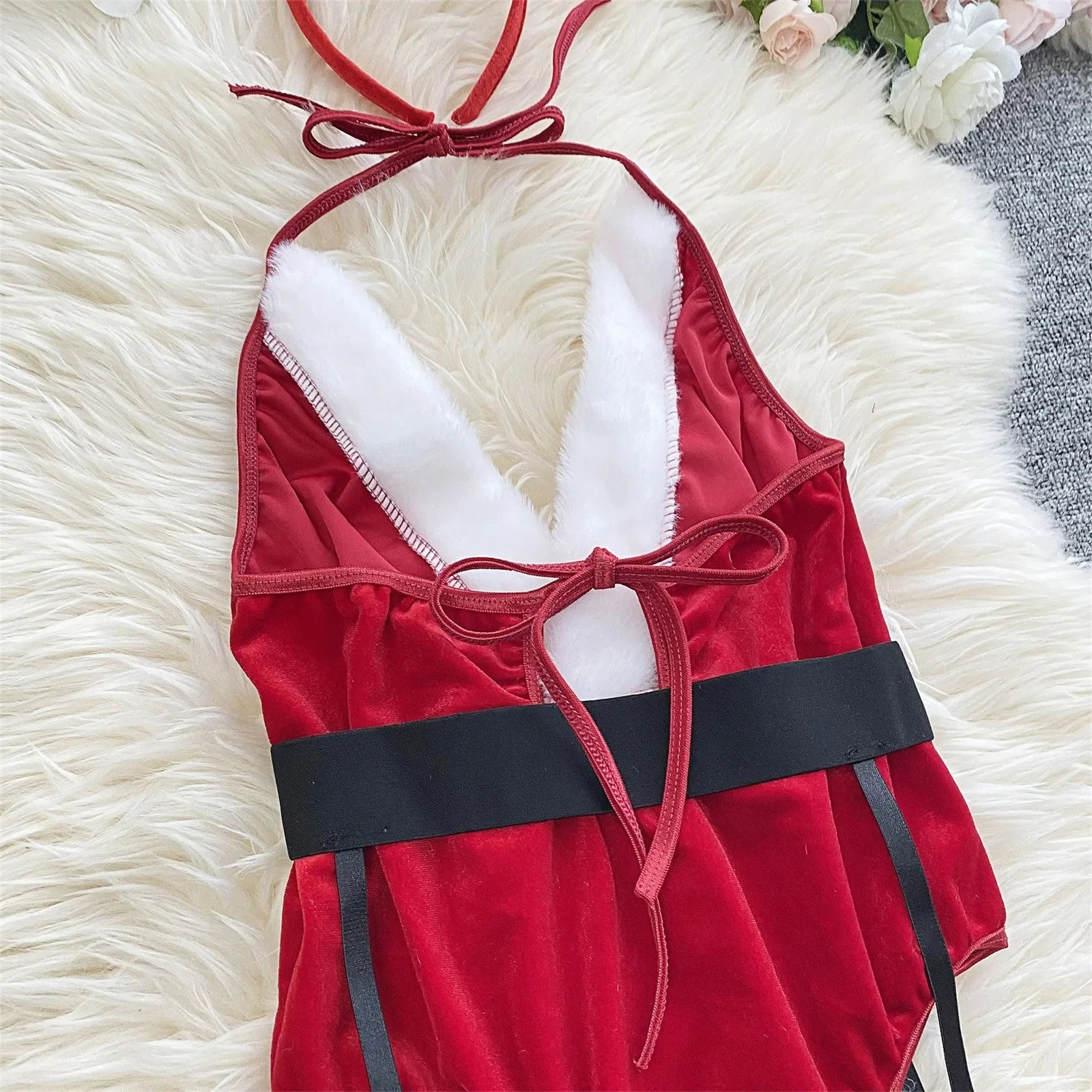 Conjuntos sexys de Navidad para mujer, mono rojo de conejito, lencería y sombrero, ropa interior, conjunto de lencería Sexy para mujer, lencería sexy de femmes