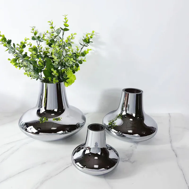 Electroplated Silver Conical Glass Vase, Flower Arrangement, Glass Container, Countertop Vase, Living Room Decoration Ornament