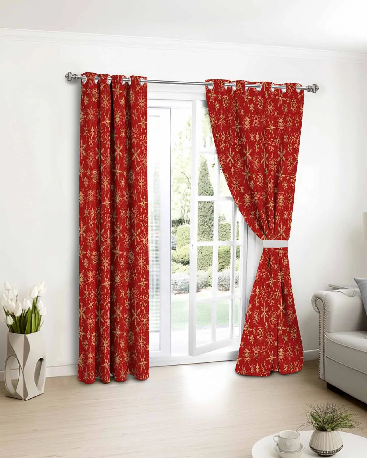 

2pcs, 1 panel Christmas Simple Red Snowflake Polyester Window Curtains For Living Room Kitchen Bedroom Drapes