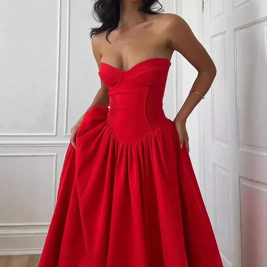 Suninheart Women Red Strapless Dress Sexy 2024 New Arrivals Midi Casual Holiday Birthday Party Dresses Female