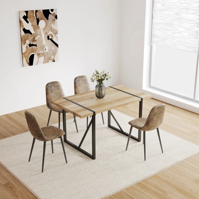 FENGSHUO Dining Table Modern Rustic Industrial Rectangular MDF Wood Colour With Thick Engineered Wood Tabletop Black Metal Legs