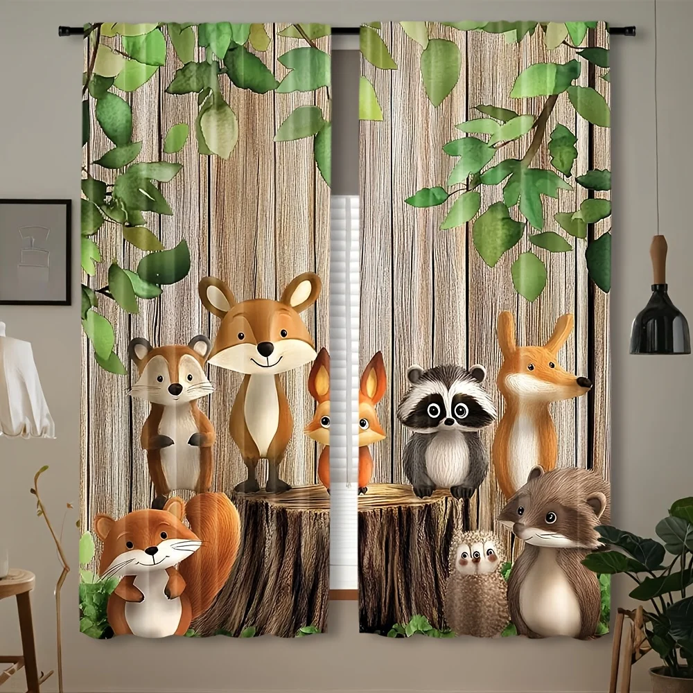 Woodland Animal Curtain Set Fox Squirrel Forest Theme Nursery Window Drapes Kids Bedroom Decor Nature Wildlife Whimsical