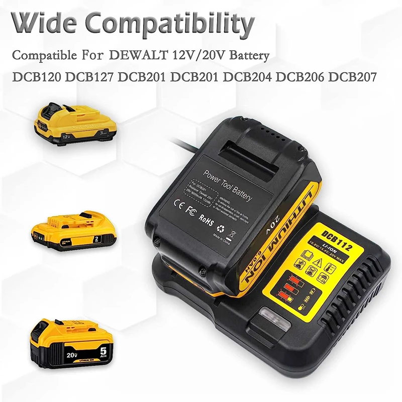 DCB112 ładowarka akumulatorów litowych dla Dewalt 10.8V 12V 14.4V 18V 20V DCB206 DCB205 DCB204 DCB203 DCB120 DCB107 DCB115 DCB105