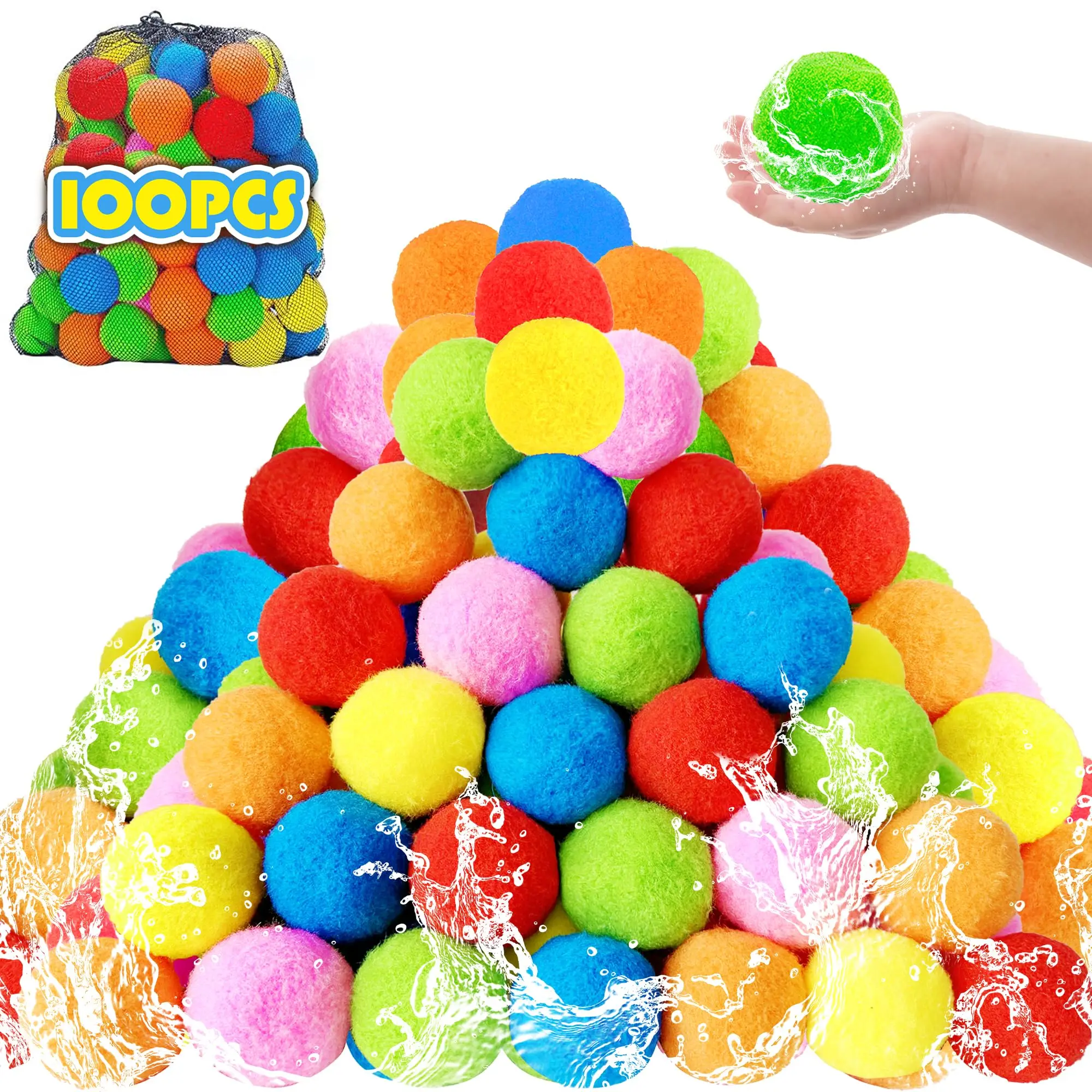 100PCS Water Soaker Balls Water Fight Splash Balls Bulk with Bag Soft Cotton Reusable Beach Balls Pool Water Toys