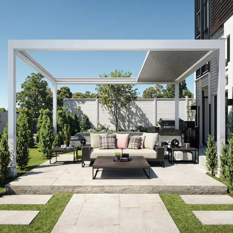 Amas Retractable Aluminum LED Pergola for Outdoor Gazebo Waterproof Louvered Shade with Drainage System for Garden Terraces
