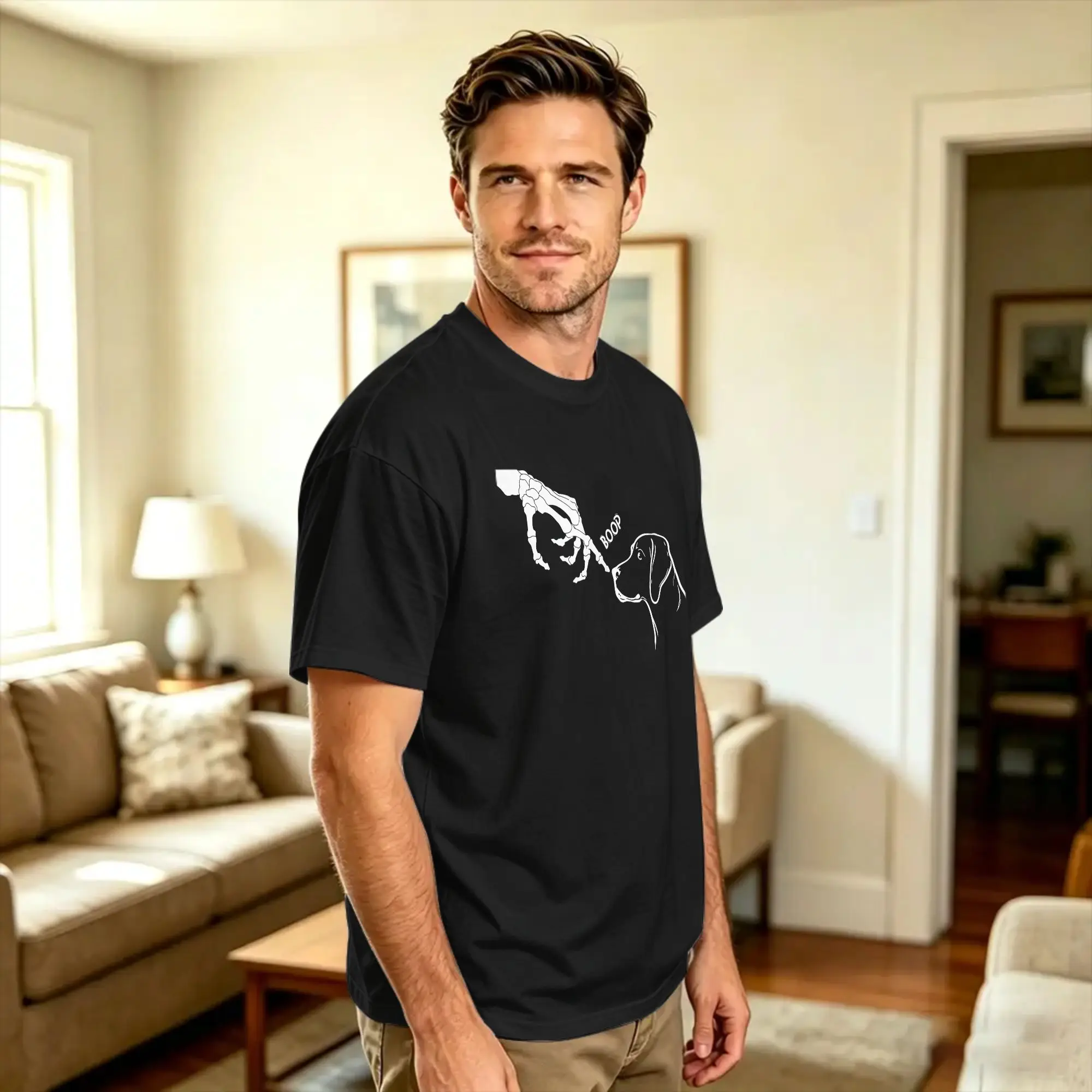 Men Dog Scary Skeleton Hand Boop Funny Spooky Halloween Labrador T-Shirts Pure Cotton Tops Summer Aesthetic Short Sleeve T Shirt
