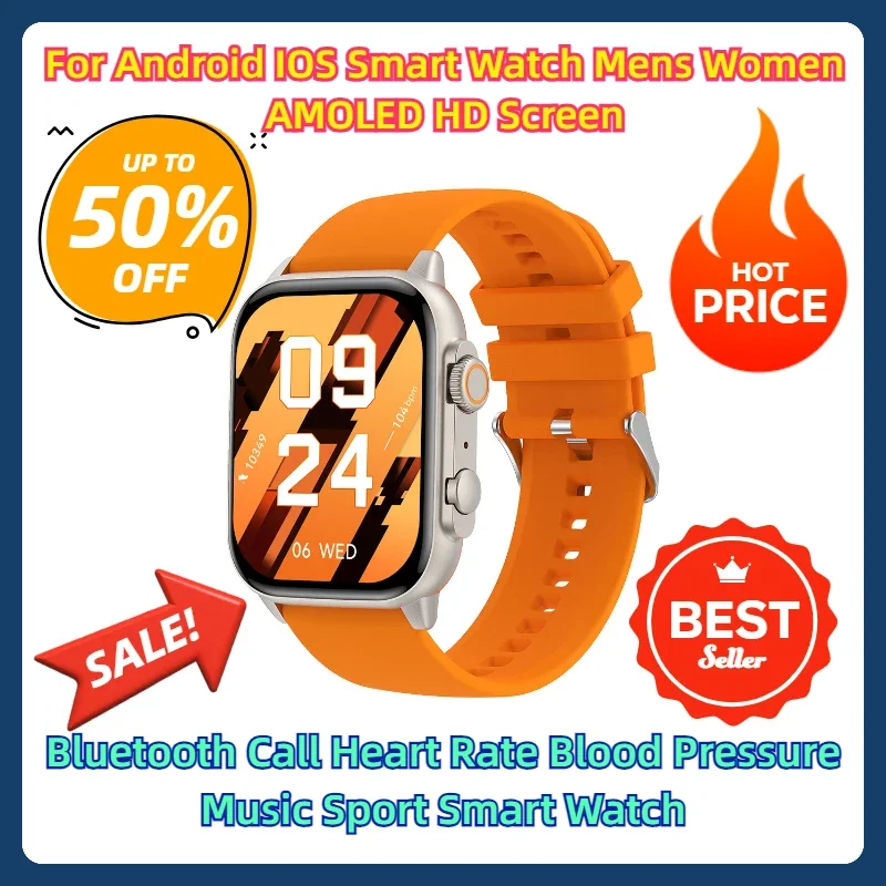 

For Android IOS Smart Watch Mens Women AMOLED HD Screen Bluetooth Call Heart Rate Blood Pressure Music Sport Smart Watch