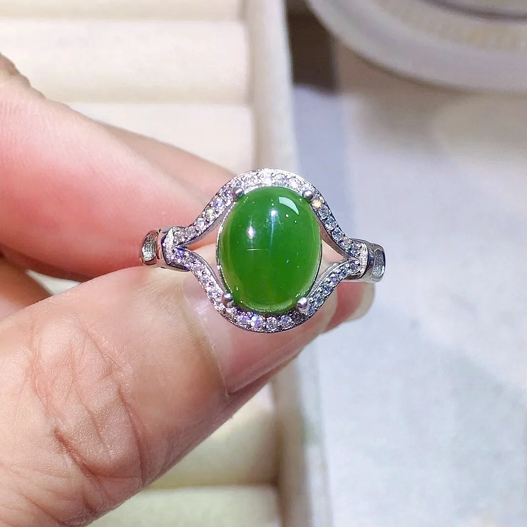 Chinese Green Jade Ring 8mm*10mm Natural Jade 925 Silver Ring with Gold Plating Sterling Silver Jade Jewelry