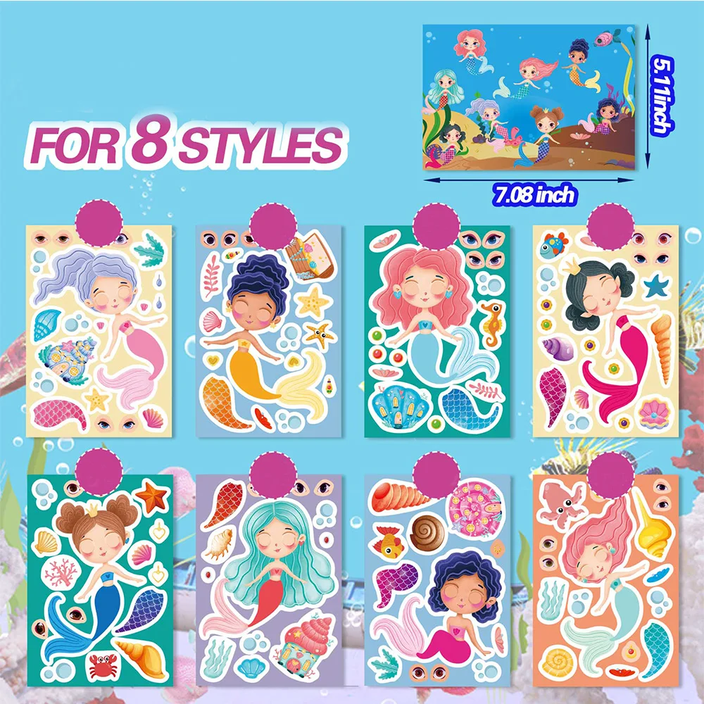 8/16Sheets Cute Cartoon Mermaid Make a Face Stickers Book Funny DIY Assemble Jigsaw Puzzle Sticker Craft Toys for Kids Girl Gift