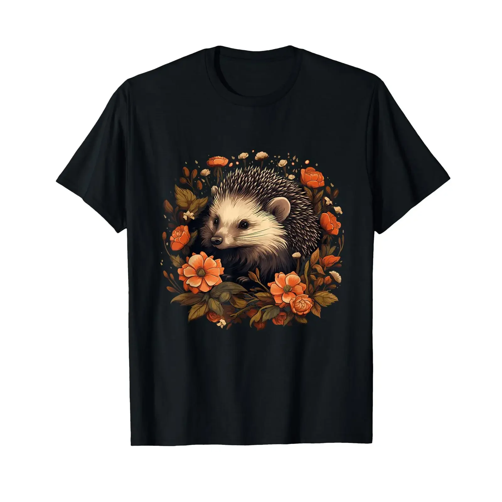 Hedgehog Wildlife Floral Animal Art Lovers Artwork T Shirt black vintage Washed Slightly graphic Breathable Stylish