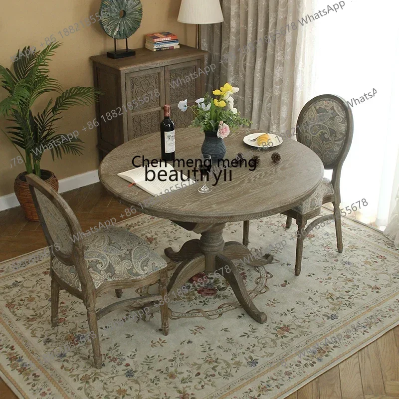 z183 Y American all solid wood round dining table, a set of retractable retro oak dining table and chairs for home use