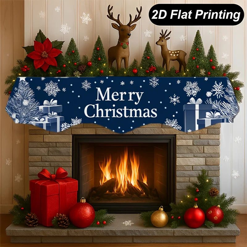 VIKAMA Christmas Blue Snowflake Gift Tree Fireplace Mantel Scarf Fireplace Shelf Cover for Spooky Halloween Fall Home Party