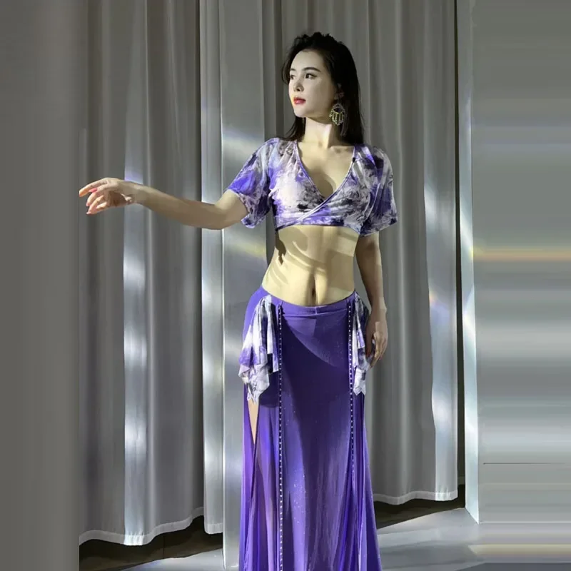 

Belly Dancer Costume Women Dance Training Clothes Sexy Printing Screen Gauze Performance Suit Girl's Bellydance Clothing Outfit