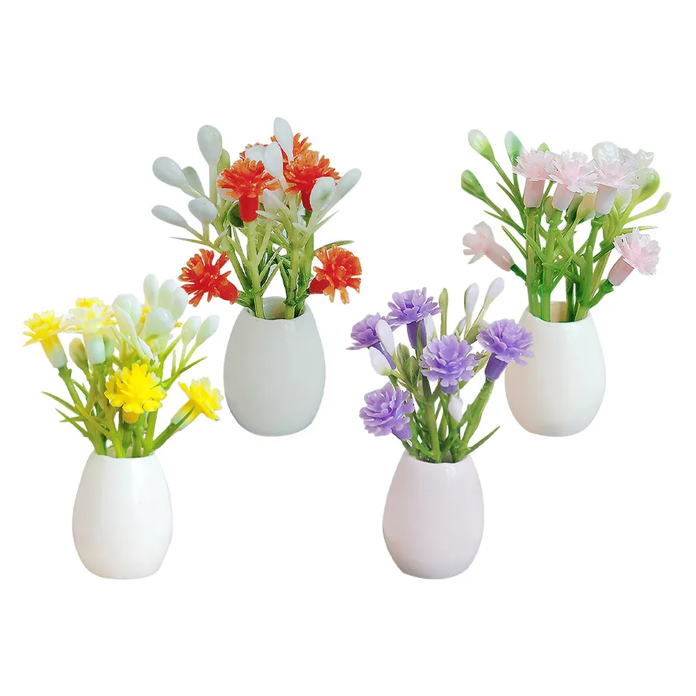 

4Pcs Faux Flowers Miniature Vase Realistic Artificial Floral Arrangements for Dollhouse Accessories Home Office Wedding Decor