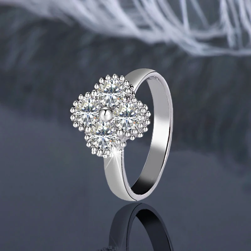 

IOGOU 4mm Moissanite Clover Flower Ring Gold Plated 925 Silver for Women Lucky Finger Rings Band Certified Jewerlry Valentine's