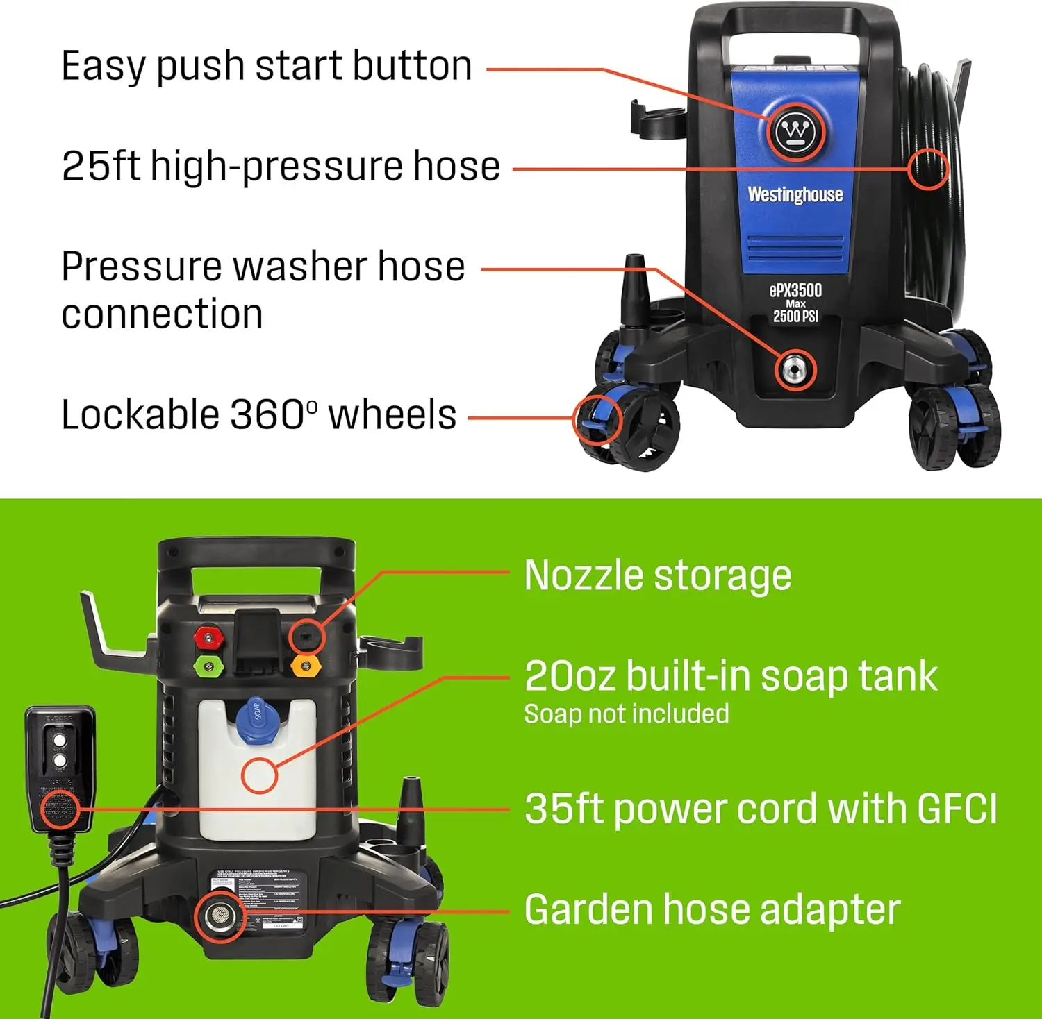 เครื่องฉีดน้ําแรงดันสูง ePX3500, 2500 Max PSI 1.76 Max GPM พร้อมเทคโนโลยีป้องกันการให้ทิป, ถังสบู่ออนบอร์ด, Pro-St