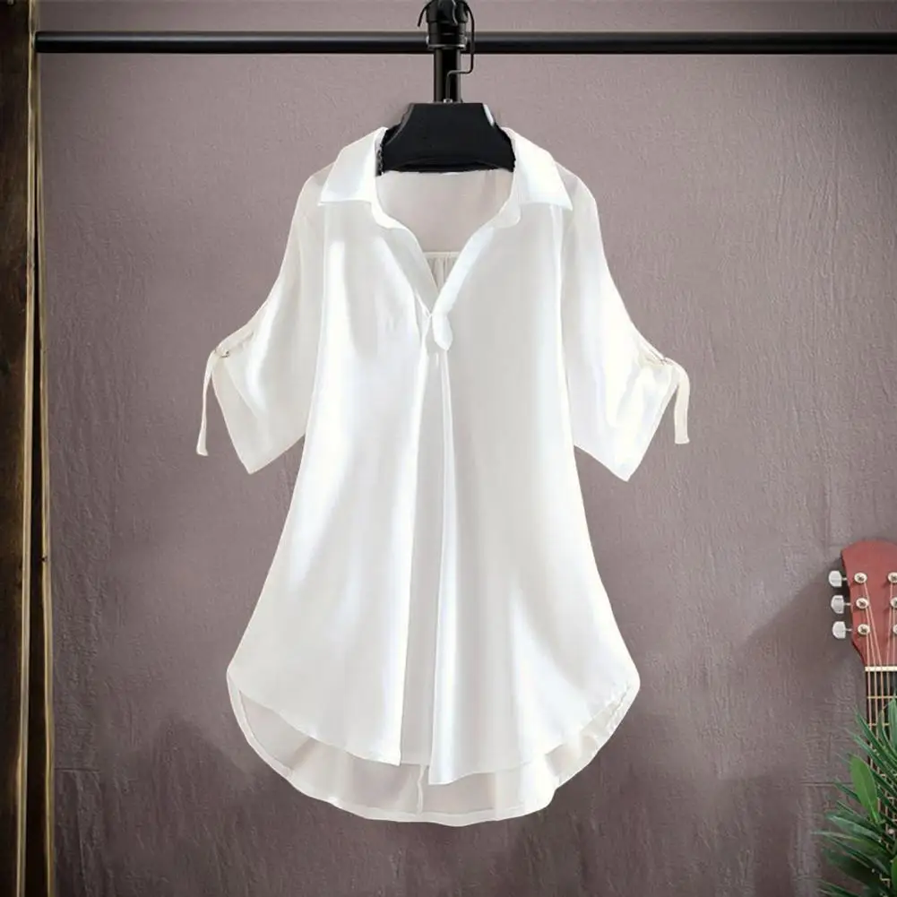 

Women Casual Shirt Chic Women's Mid-length Chiffon Blouse Lapel Half Sleeve Casual Top for Daily Wear Elegant Loose Fit Waist