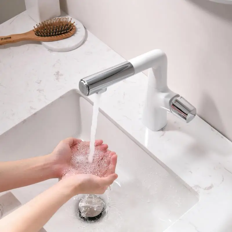 Single-Hole White Chromium Two-Function Water Basin Lifting and Pulling Hot and Cold Water Faucet