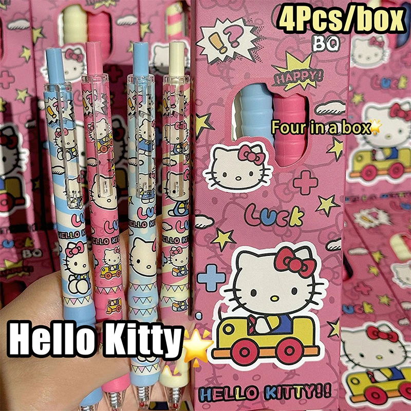 4Pcs/box Hello Kitty Gel Pens Kawaii Sanrio KT Cat 0.5mm Black Ink Press Water-based Pen Office Signature Pen