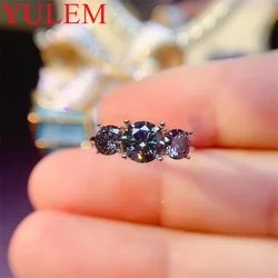 YULEM Silver 925 Women's Ring with Sparkling Moissanite Stone Gray/Grey Moissanite Band Ring Three Stone 1ct and 0.5ct Together