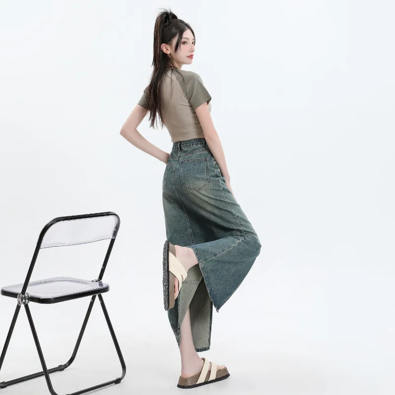 تنورة Boweylun عالية الخصر من قماش الدنيم القديم بنصف الجسم للنساء للربيع والصيف تنورة فضفاضة على شكل حرف a للفتيات