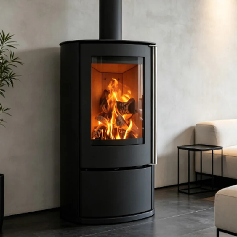 Fireplace Freestanding Modern Wood Burning Stove Large Curved Glass for Living Room Indoor Heating (9KW Carbon Steel 80-120M)