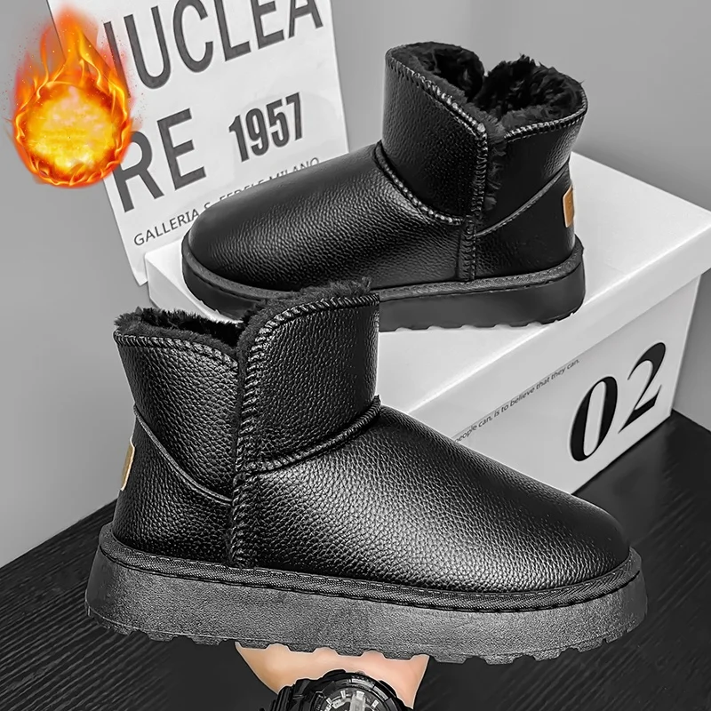 Men's and Women's Autumn and Winter Short Snow Boots, Waterproof Leather Surface with Thick Plush Lining, Thick Sole, Non-Slip, Cold-Resistant, Outdoor Warm Cotton Boots