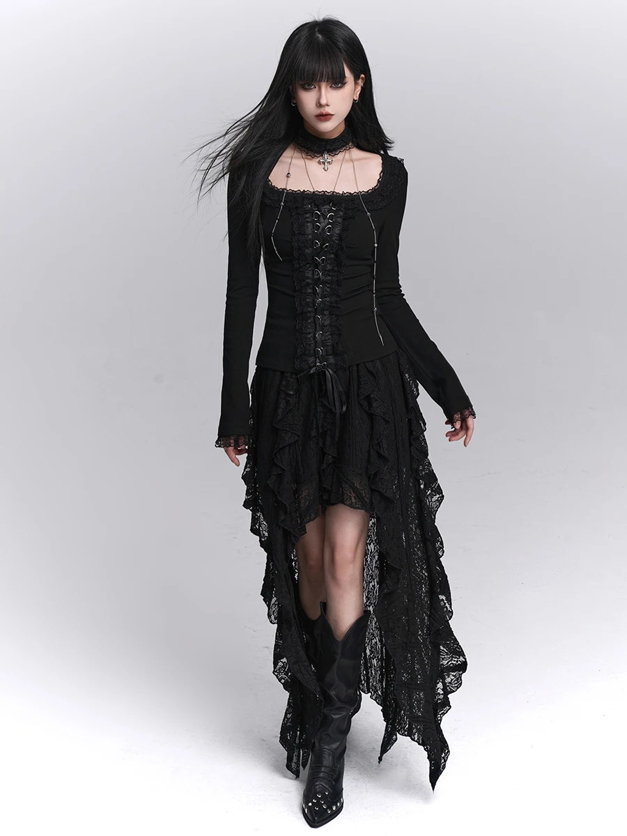 Ghost Girl Early Autumn Bla Lace Asymmetrical Hemline  Skirt loween Costume k Sle High Waist Irregular Skirt