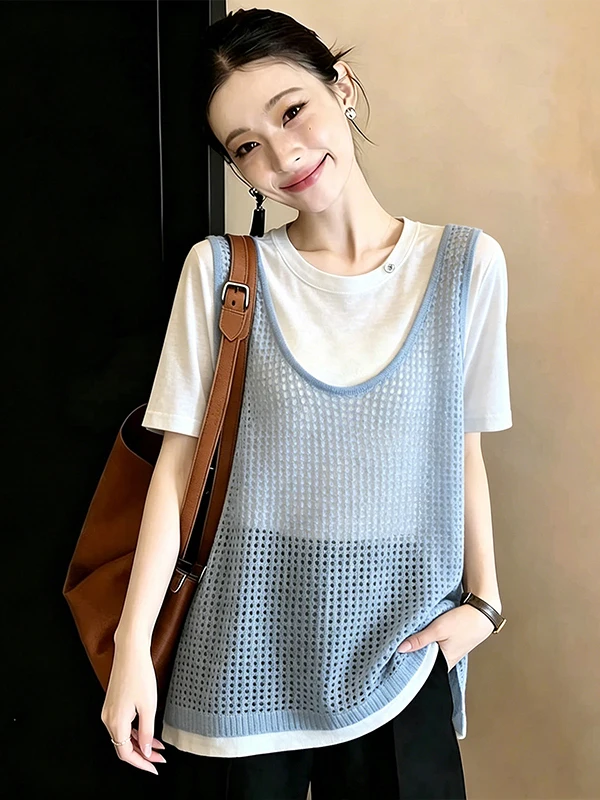 

Summer 2026 plus Size Women's Casual Style Vest Short Sleeve T-Shirt Design Slimming Knitted Top Set Fashionable Ensemble
