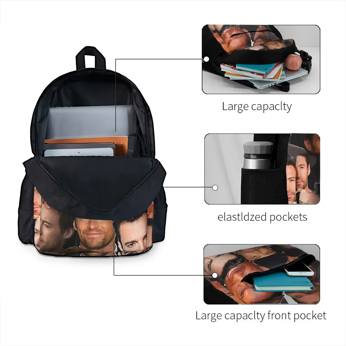 Hugh Jackman Photo Collage Mochilas para meninos e meninas, sacos de livros escolares infantis, mochila infantil dos desenhos animados, bolsa de ombro para laptop