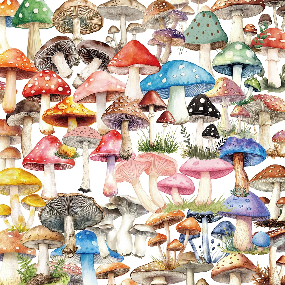 50pcs colorful mushroom series stickers, suitable for decorating phone cases, notebooks, thermos cups, waterproof PET stickers