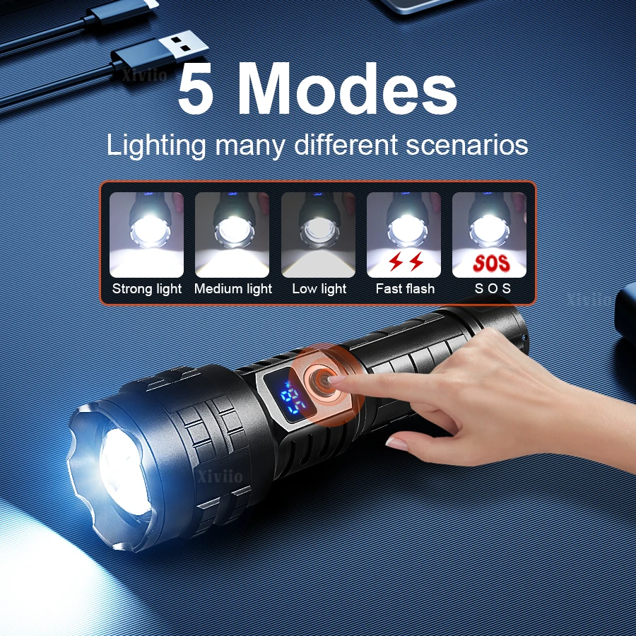 2026 New Powerful LED Flashlight Long Shot 6000M Zoomable Light USB Rechargeable Torch For Outdoor Camping Hiking Emergency