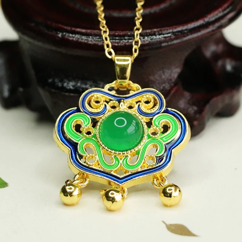 Agate Ruyi Lock Pendant Enamel Chalcedony Necklace Guochao