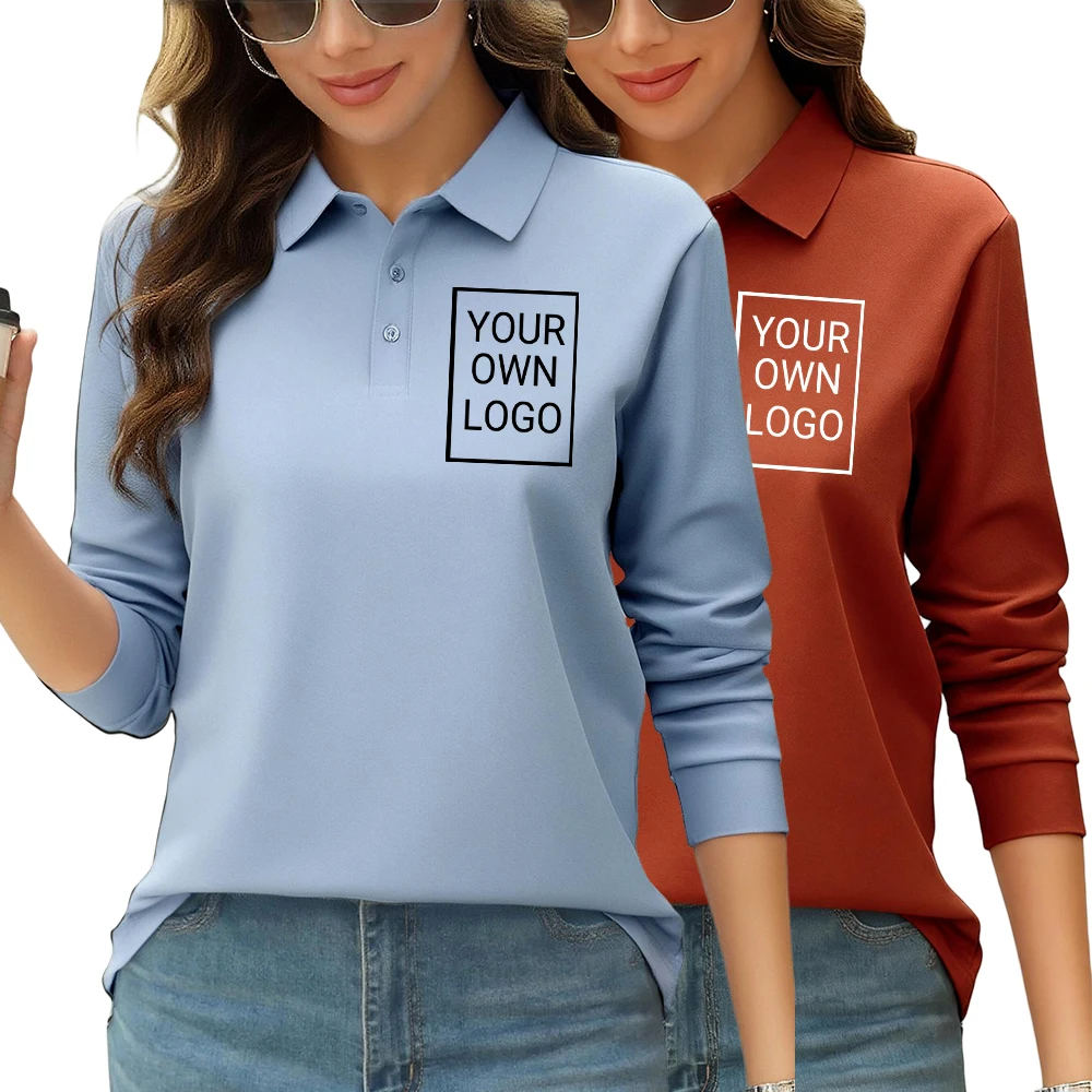 T-shirt polo da donna personalizzata con logo Y2K Autunno Primavera Maniche lunghe Comode magliette fai-da-te Camicia da golf da lavoro