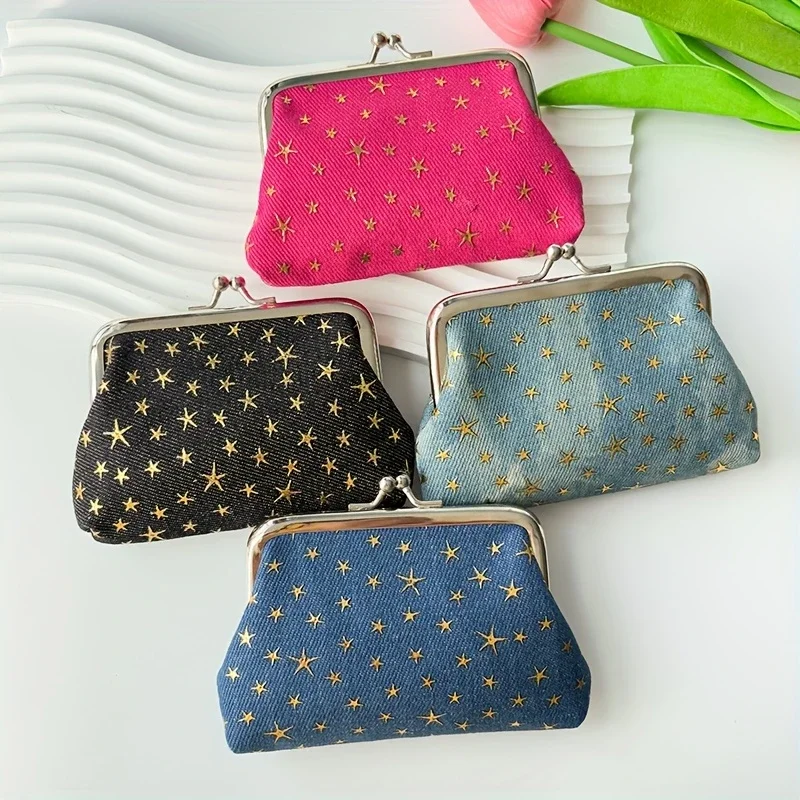 Vintage Star Coin Purses for Women - Portable Zipper Wallets with Keychain, Multi-Color Fabric Coin Bags for Change & Cards