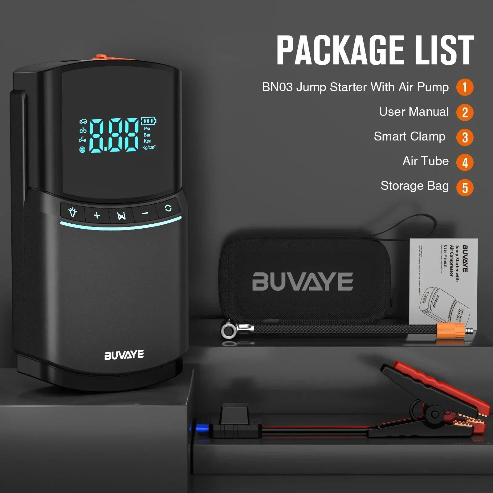 BUVAYE Car Jump Starter 2000A Air Compressor Pump 150PSI Power Bank 10000mAh Battery Booster 12V Digital Auto Tyre Inflator