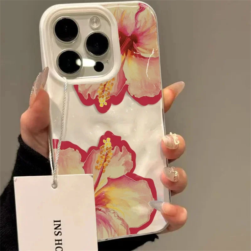 

Elegant Pink Hibiscus Flower Folds Texture Silicone Phone Case For iPhone 16 Pro Max 15 14 13 12 11 16 15 Plus Cover Soft Funda