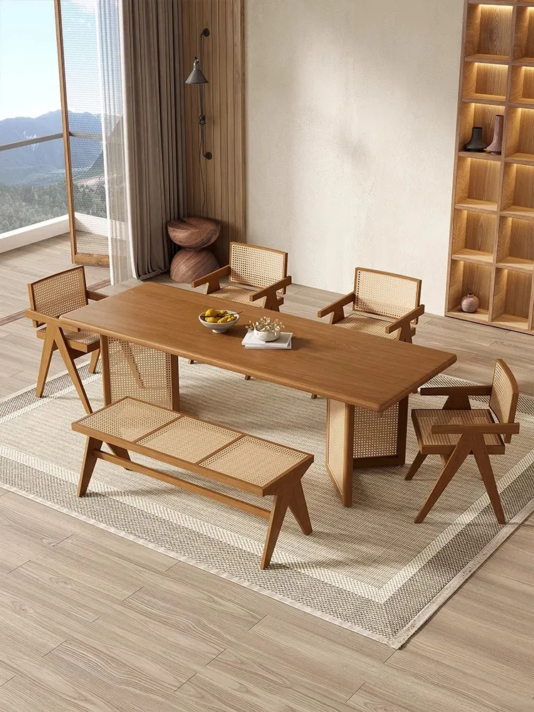 Solid Wood Dining Table with Wabi-Sabi Wave Rattan Rectangular B&b Chair Combination for Home Tea & Bar Use