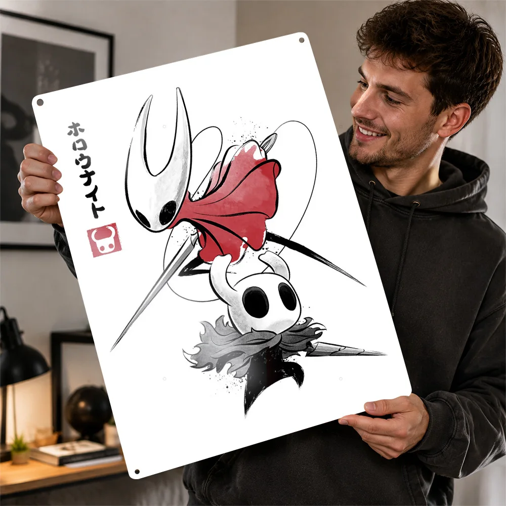 Hollow Knight And Hornet Textured Metal Poster Sumi E Wall Art For Entertainment Room Customized Aluminum Sign Birthday Gift