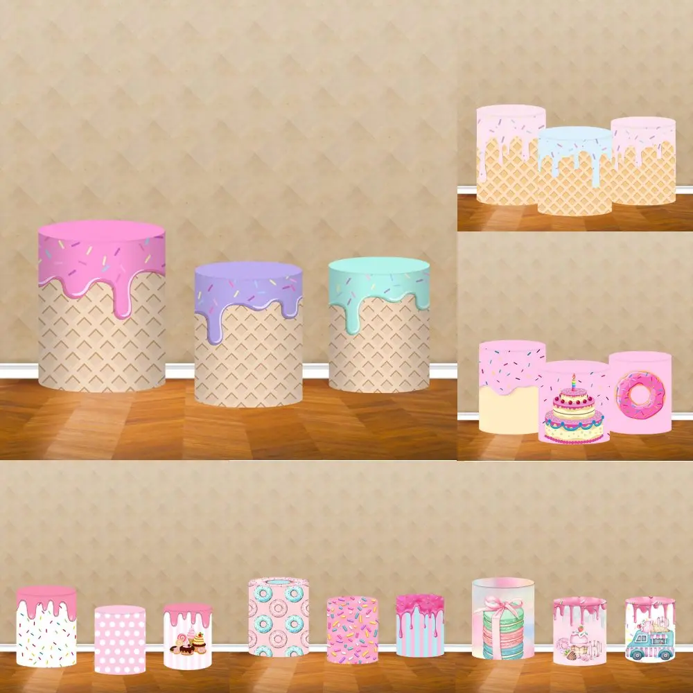 Dessert Pedestal Cover Backdrop Happy Birthday Plinth Cylinder Cover Elastic Lollipop Donut Ice Cream Party Decor