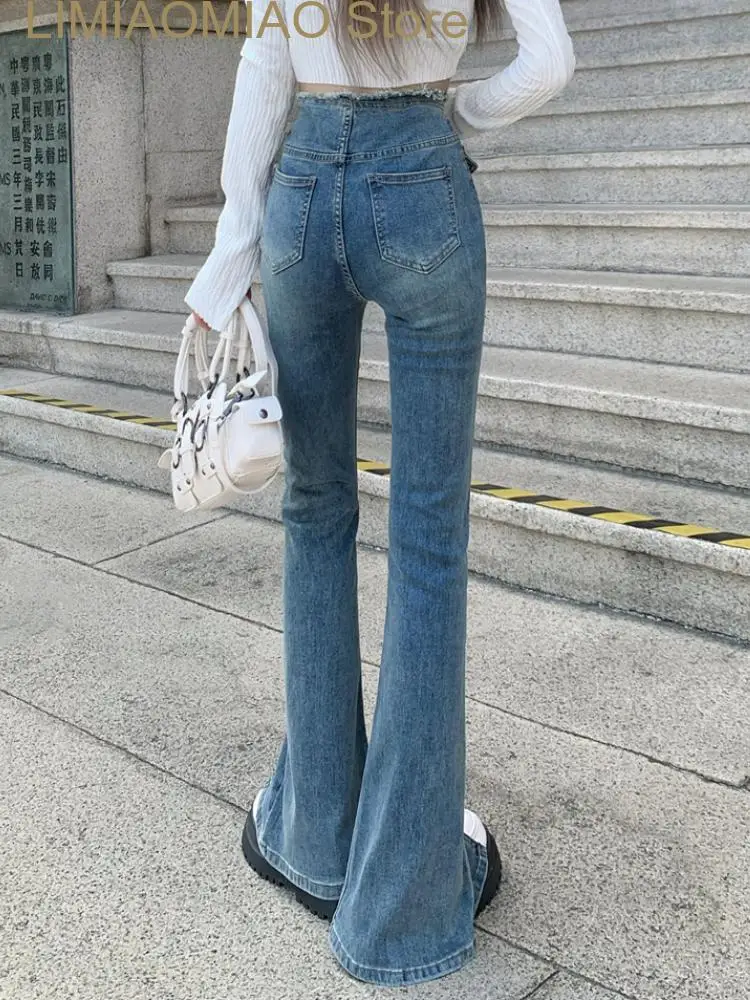 Calça jeans azul de cintura alta feminina, estilo coreano, casual, fina, flare, streetwear feminina, calças jeans split chiques, inverno, nova