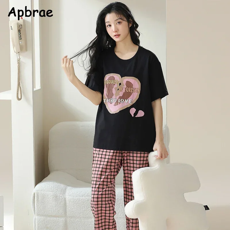 New Summer Women Pajamas Cotton Pajama Sets Short Sleeved Plaid Pants Pijamas Korean Leisure Kawaii Heart Print Sleepwear