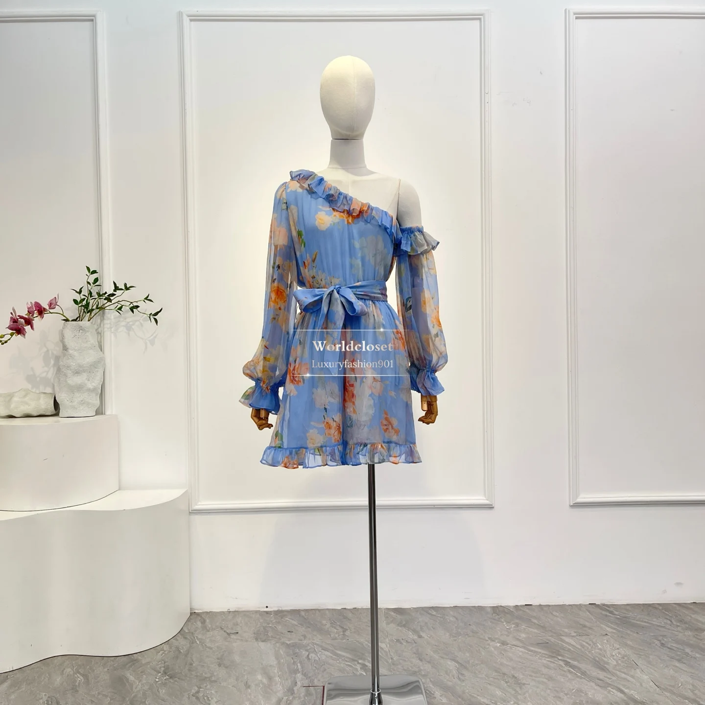 

2026 Women's High Quality Blue Floral Print One Shoulder Jumpsuit