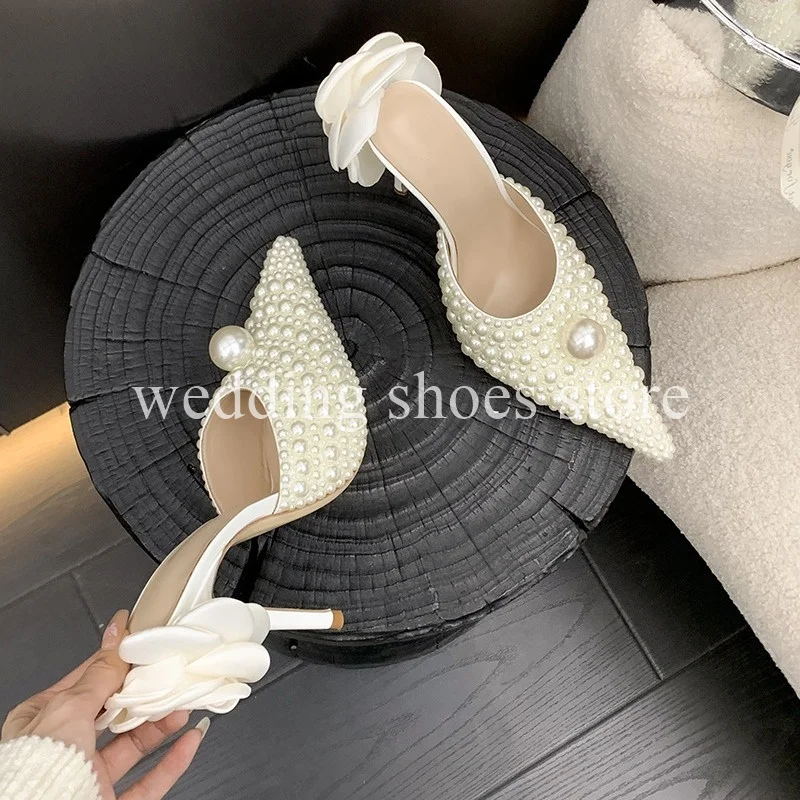 Pointy Flower High Heels for Women Ins Thin heels Pearl Sandals Women High Heels Shallow Mouth Luxury New Women Wedding Pumps