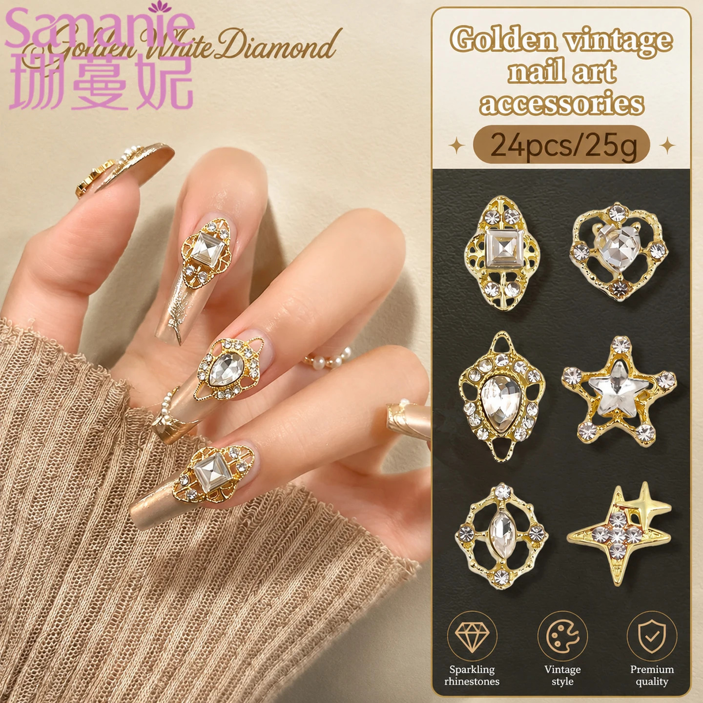 SANANIE 6 Grids Fashion 3D Gold Base Love Heart Star Nail Art Charms Studs Sparkly White Gems Rhinestones Nail DIY Accessories