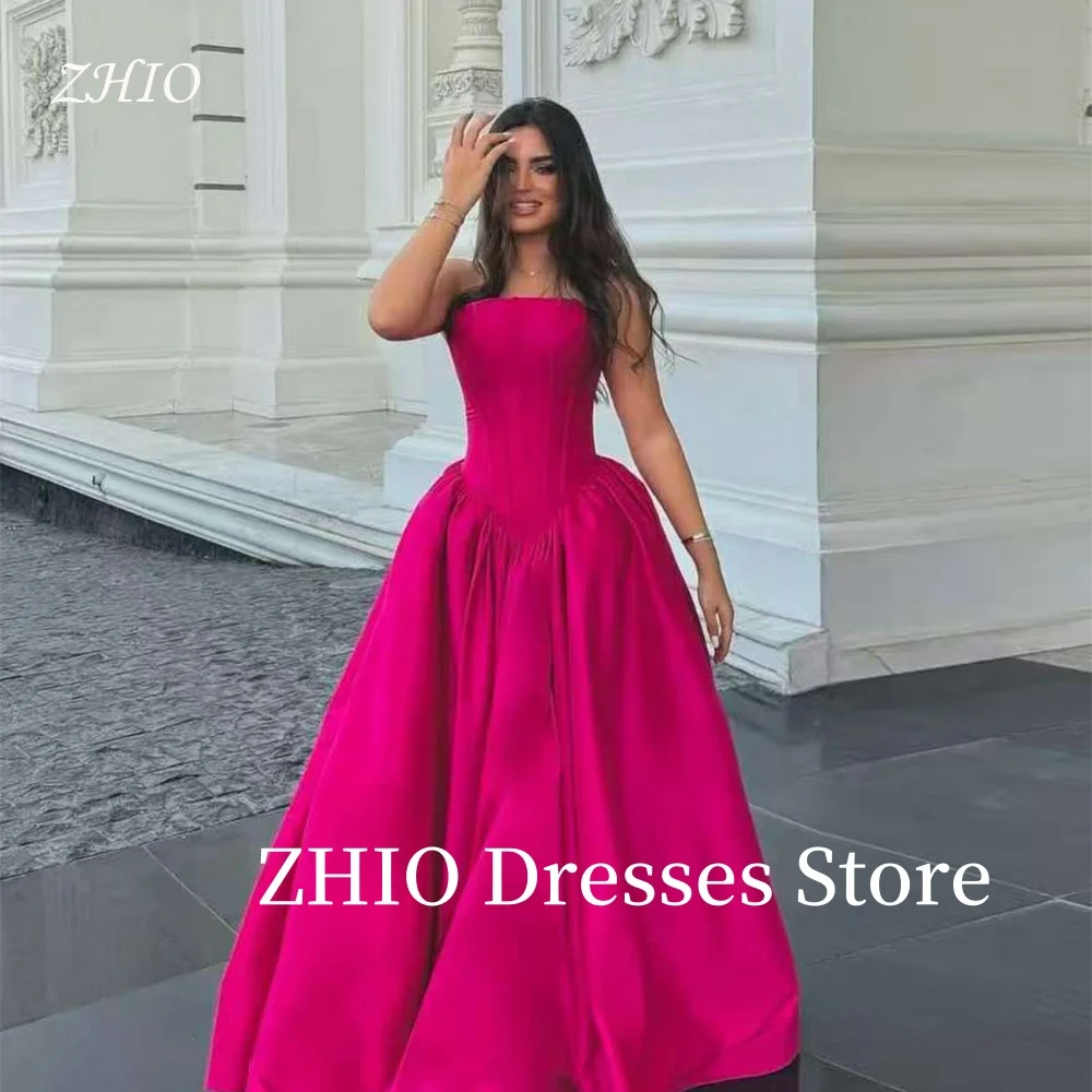 

ZHIO Princess Pink Wedding Party Dress Strapless A-Line Draped Sweep Train Taffeta Bridal Reception Gown Customized Classic