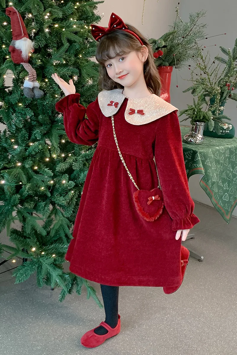 Mädchenkleid aus rotem Samt mit Paillettenkragen und Schleifendekor, Fleece-gefüttert, warm, langärmlig, A-Linien-Kleid, Kinderkleidung für Neujahr. – Detail 10