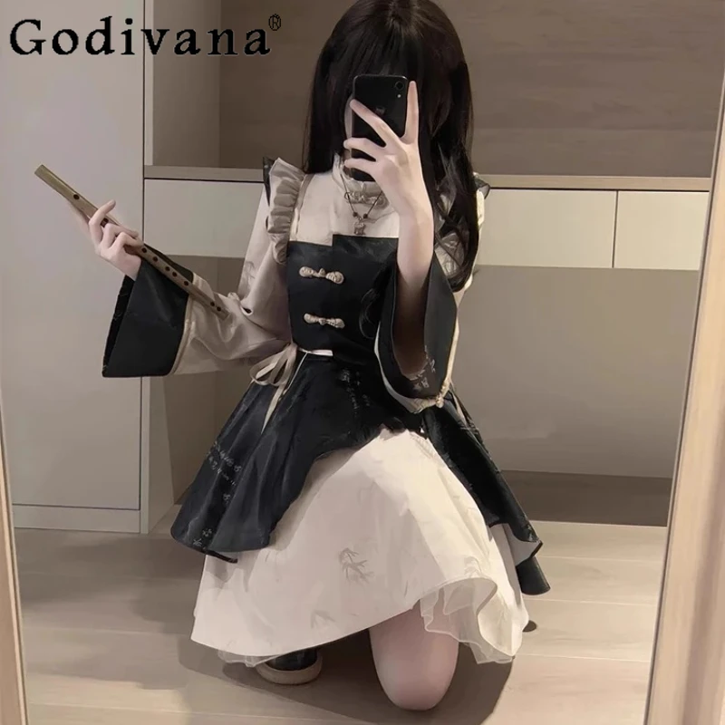 

New Chinese Flare Sleeve Lolita Cute Black Princess Dress Spring and Autumn High Waist A-line Sweet Versatile Fashion Dresses