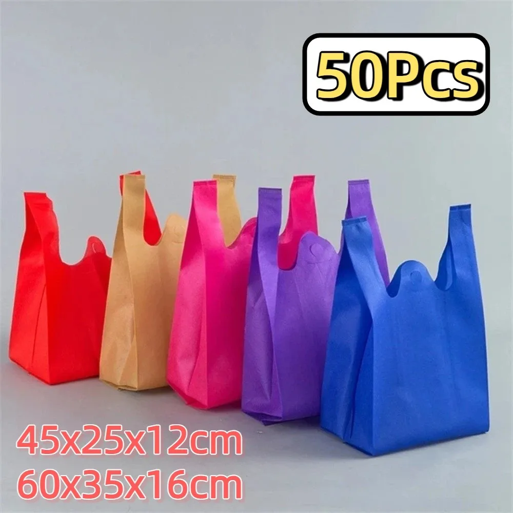 

50 шт. однотонная нетканая сумка для покупок, портативная утолщенная экологически чистая сумка, прочная многоразовая большая вместительная сумка