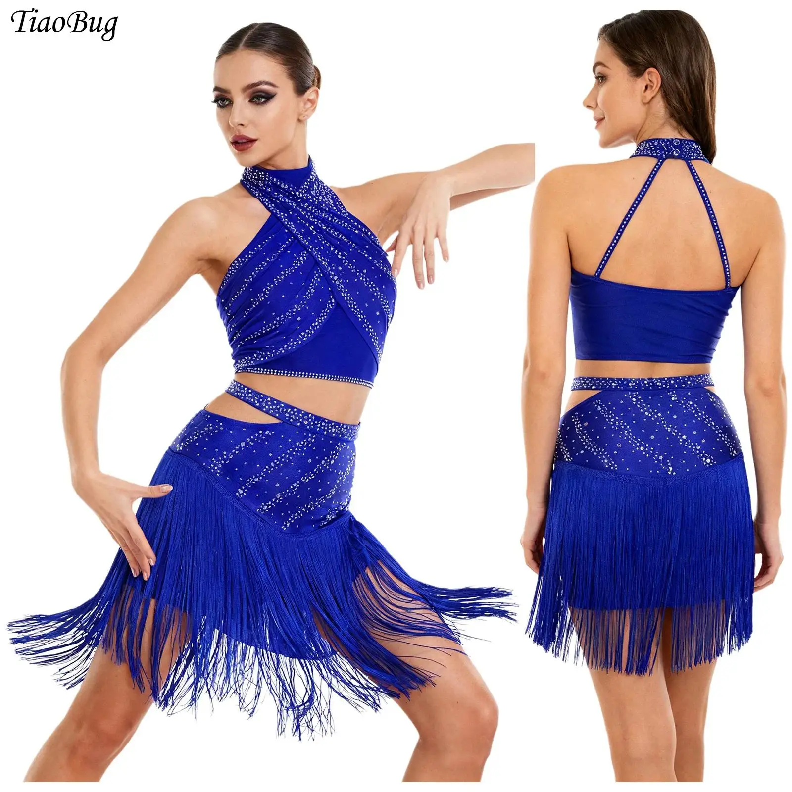 

Women Tassel Latin Dance Outfit V-Neck Sleeveless Rhinestones Crisscross Back Crop Top +Skirt Ballroom Tango Cha-Cha Dancewear